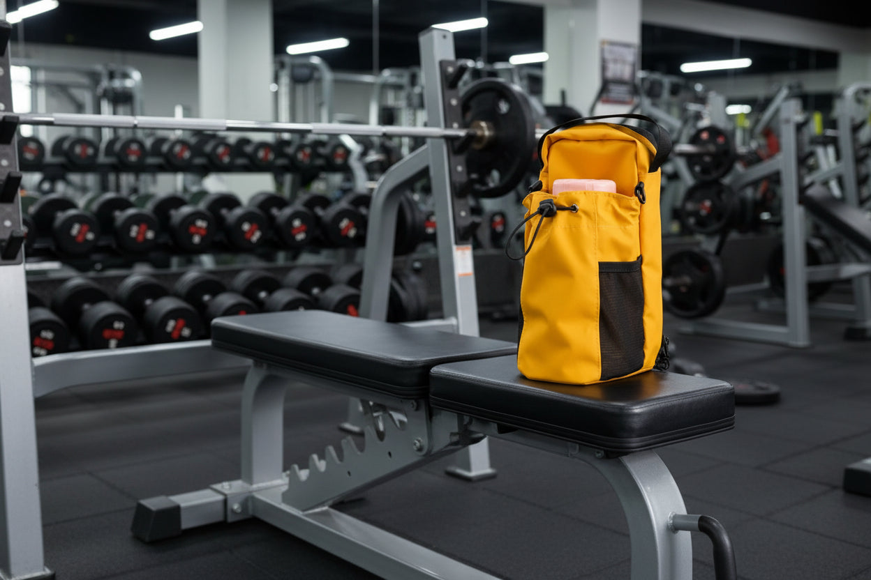 Yellow HoldIt magnetic gym bag with a pink bottle inside on a white background
