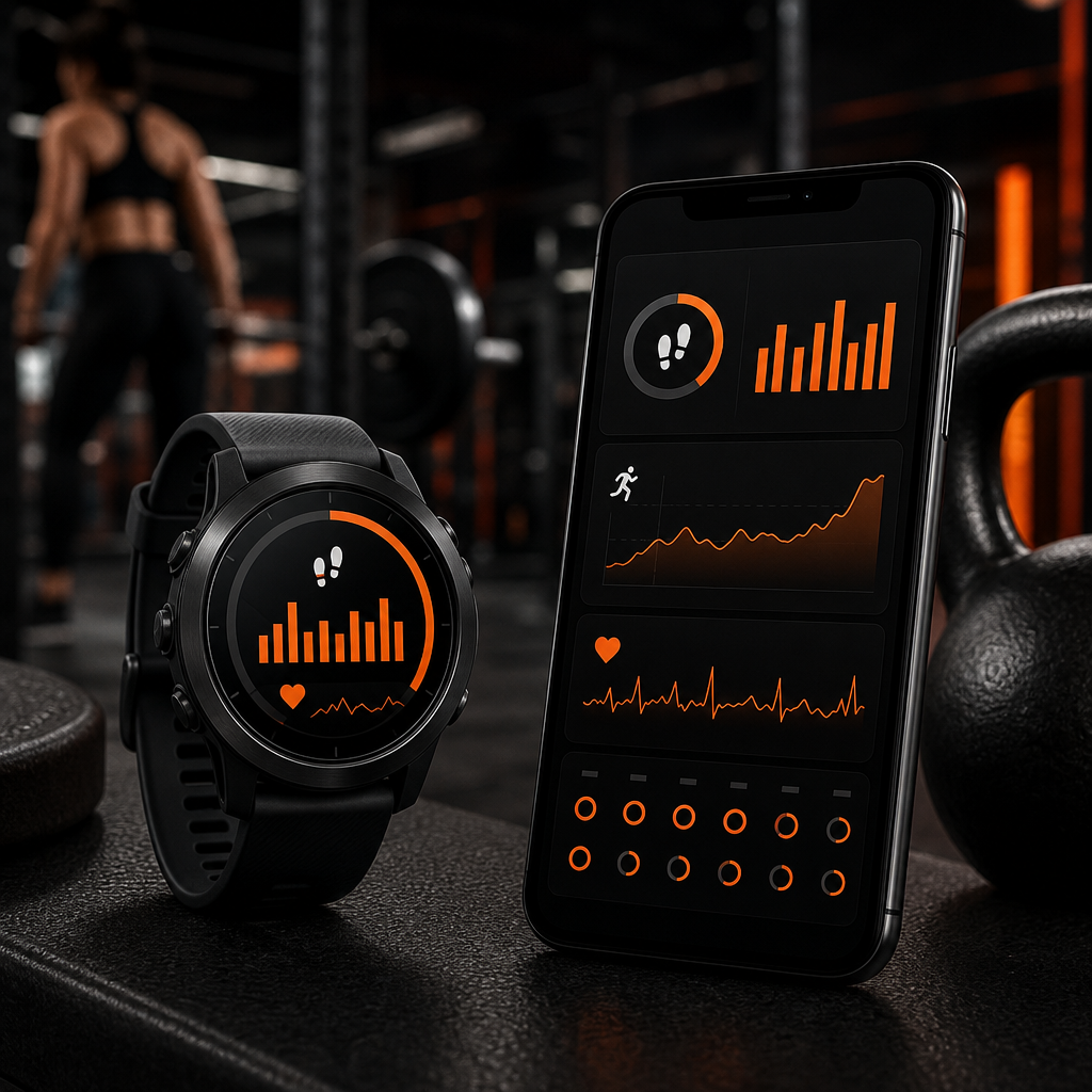 Fitness watch and mobile app tracking steps, heart rate and workout time