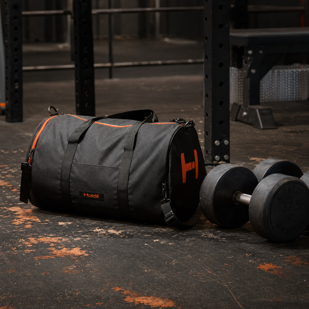Traditional duffle bag resting on a contaminated gym floor.