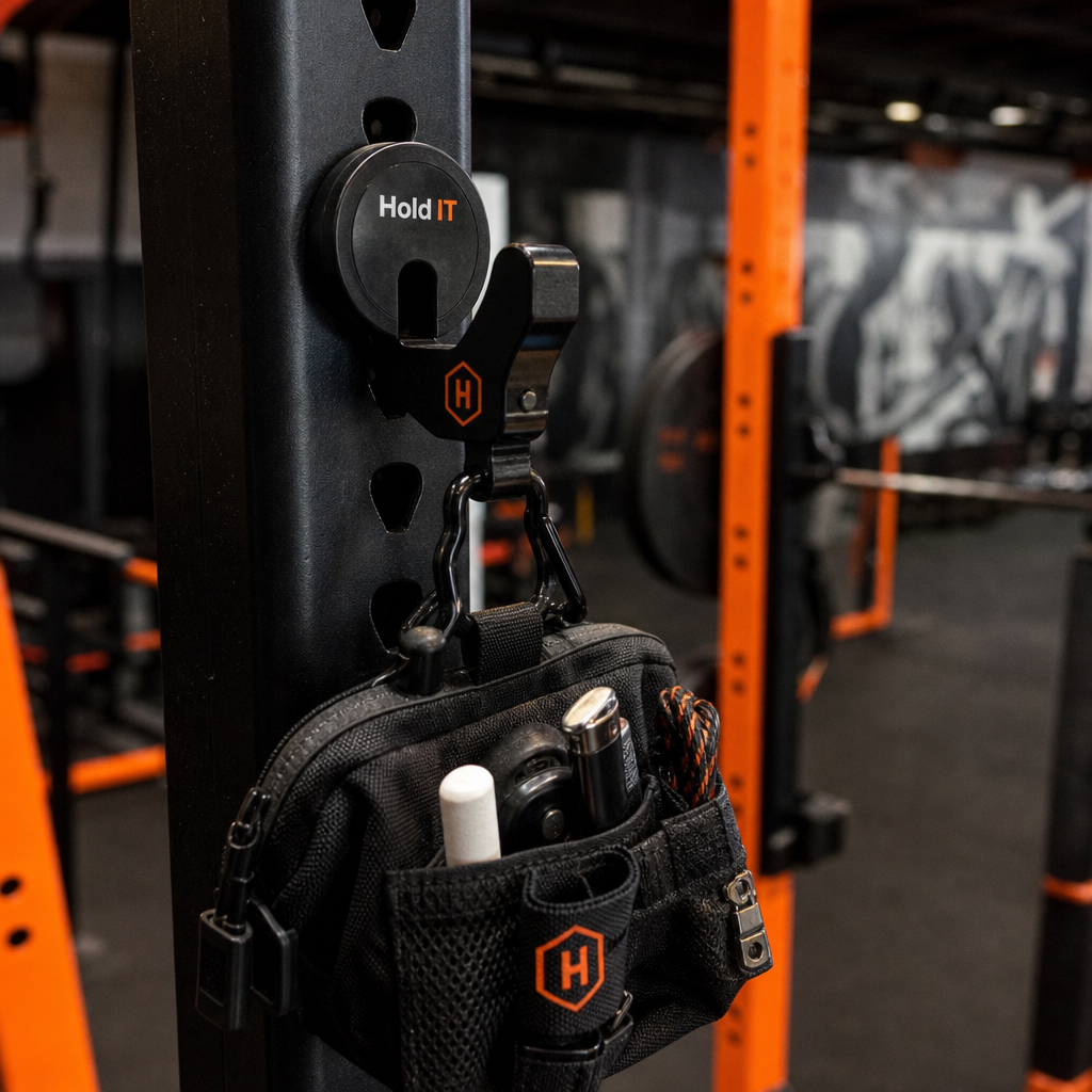 Close-up of a magnetic bag hook on a gym rack upright.
