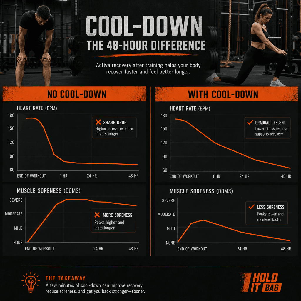 Diagram comparing heart rate recovery and DOMS levels with and without a post-workout cool-down
