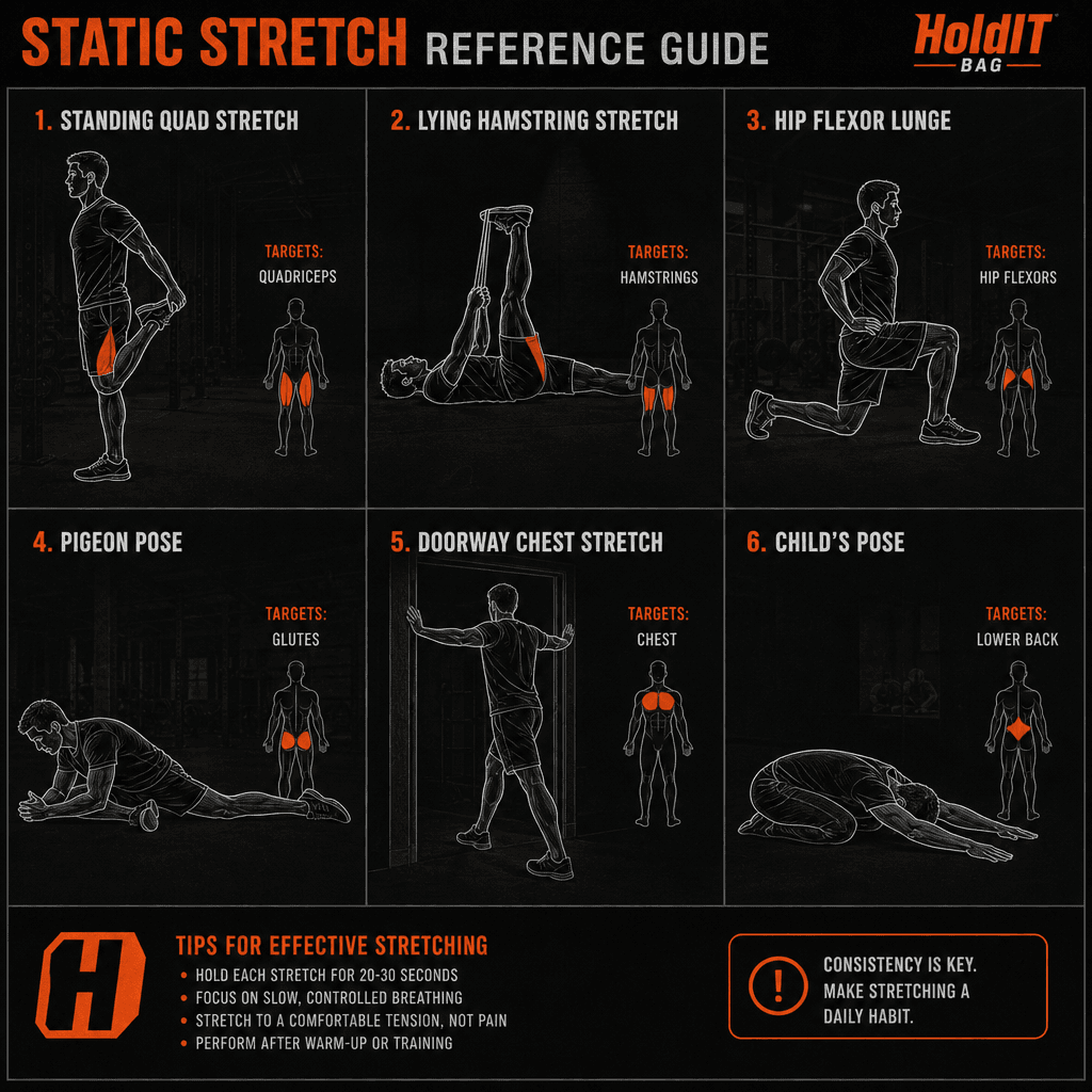 Reference chart of six post-workout static stretches with labelled target muscle groups on illustrated figures