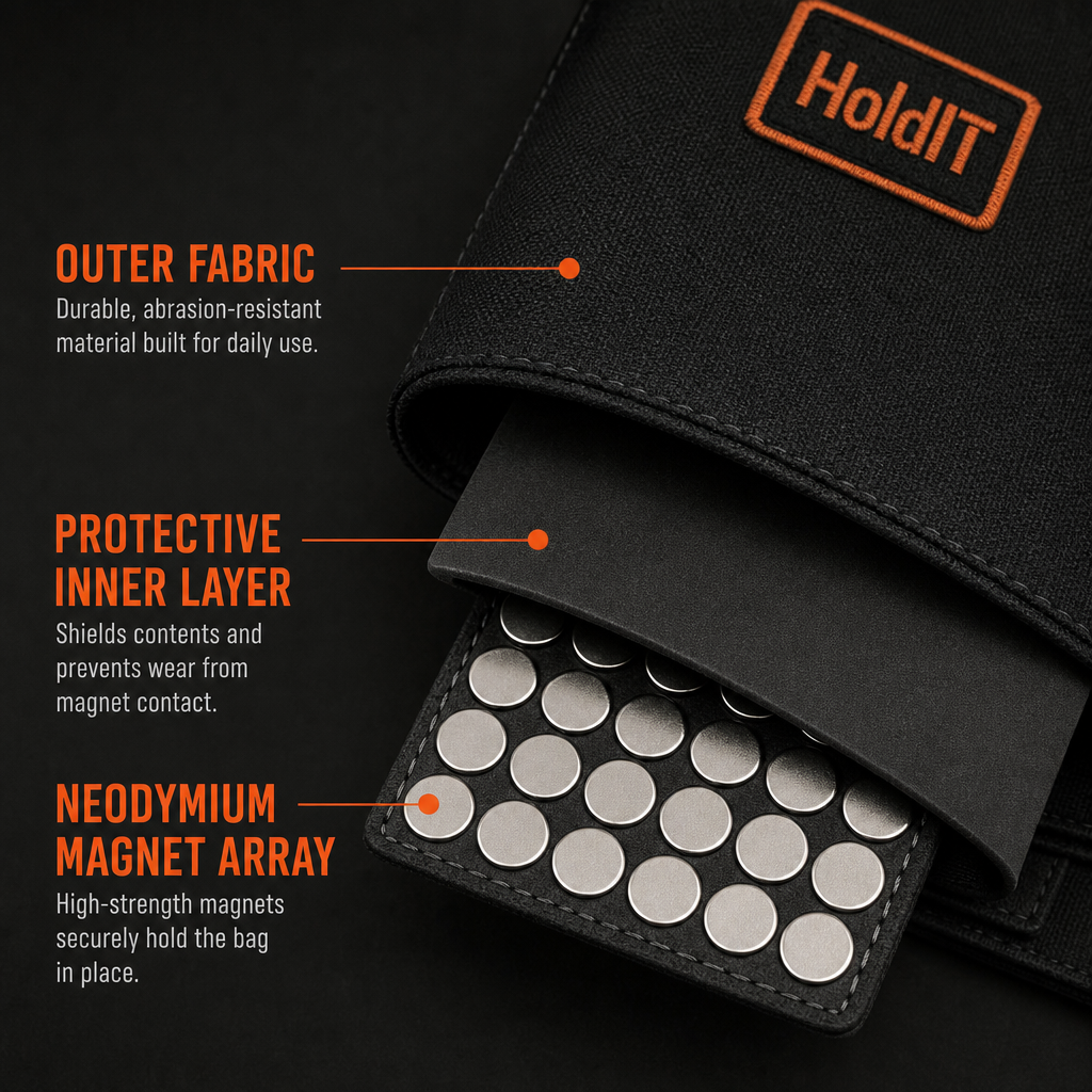 Cross-section of magnetic bag attachment showing fabric and magnet layers.