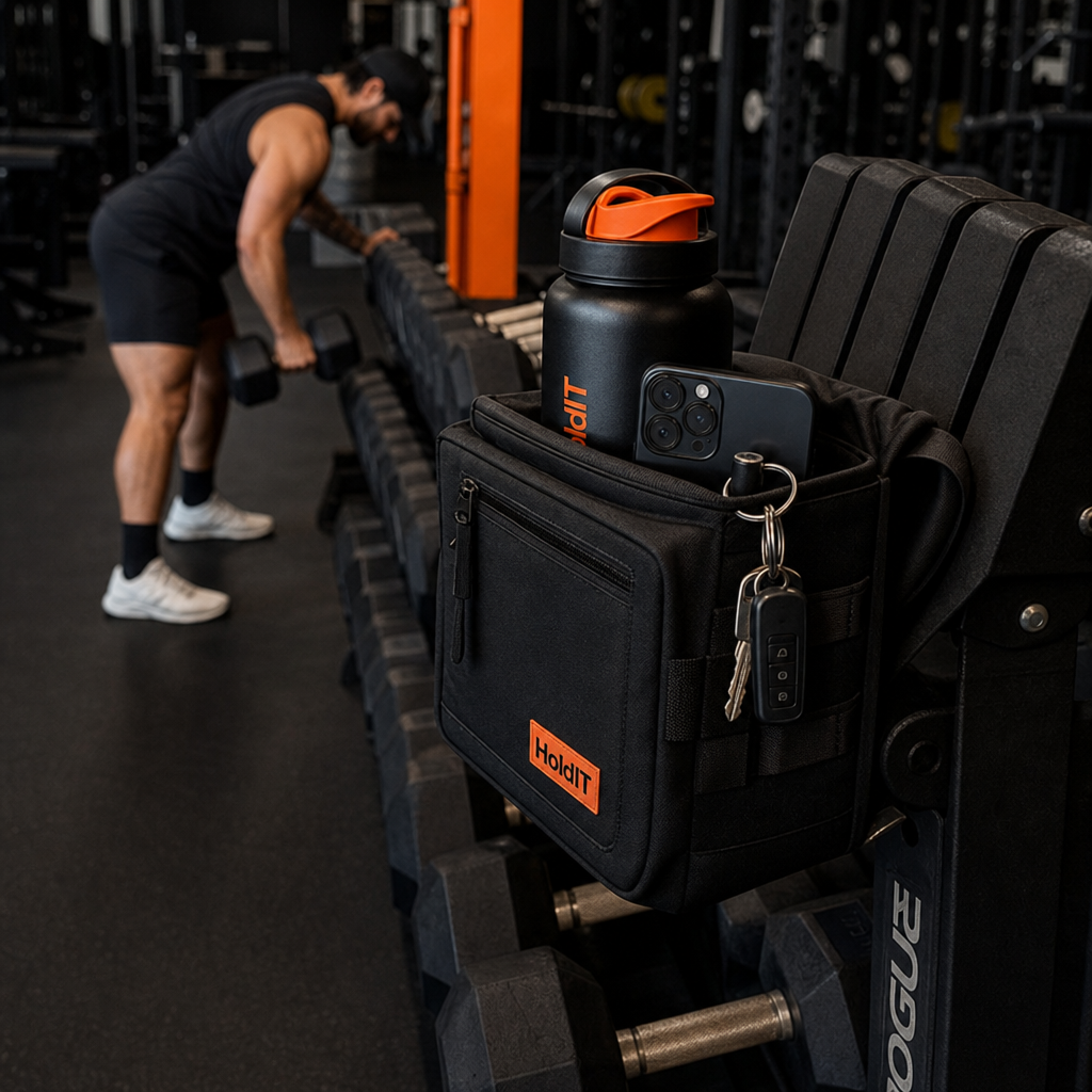 Magnetic gym bag attached to a dumbbell rack holding essential items.