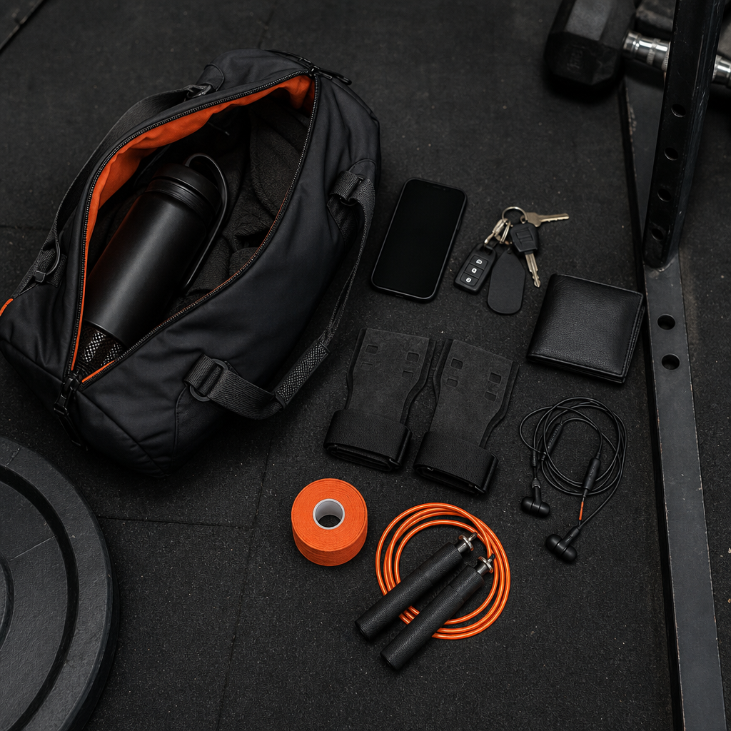 Compact CrossFit bag with phone, keys, grips and skipping rope