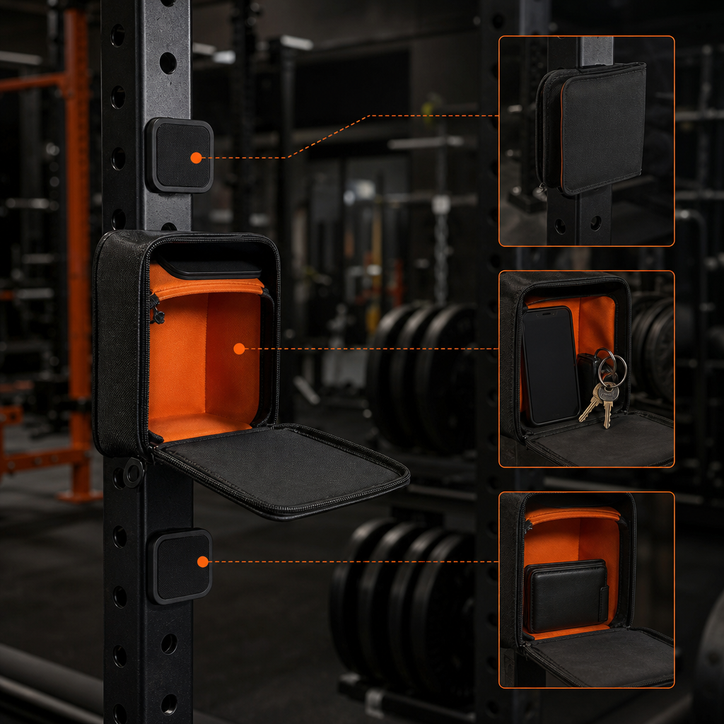 HoldIt Bag attached to a squat rack with phone and keys inside