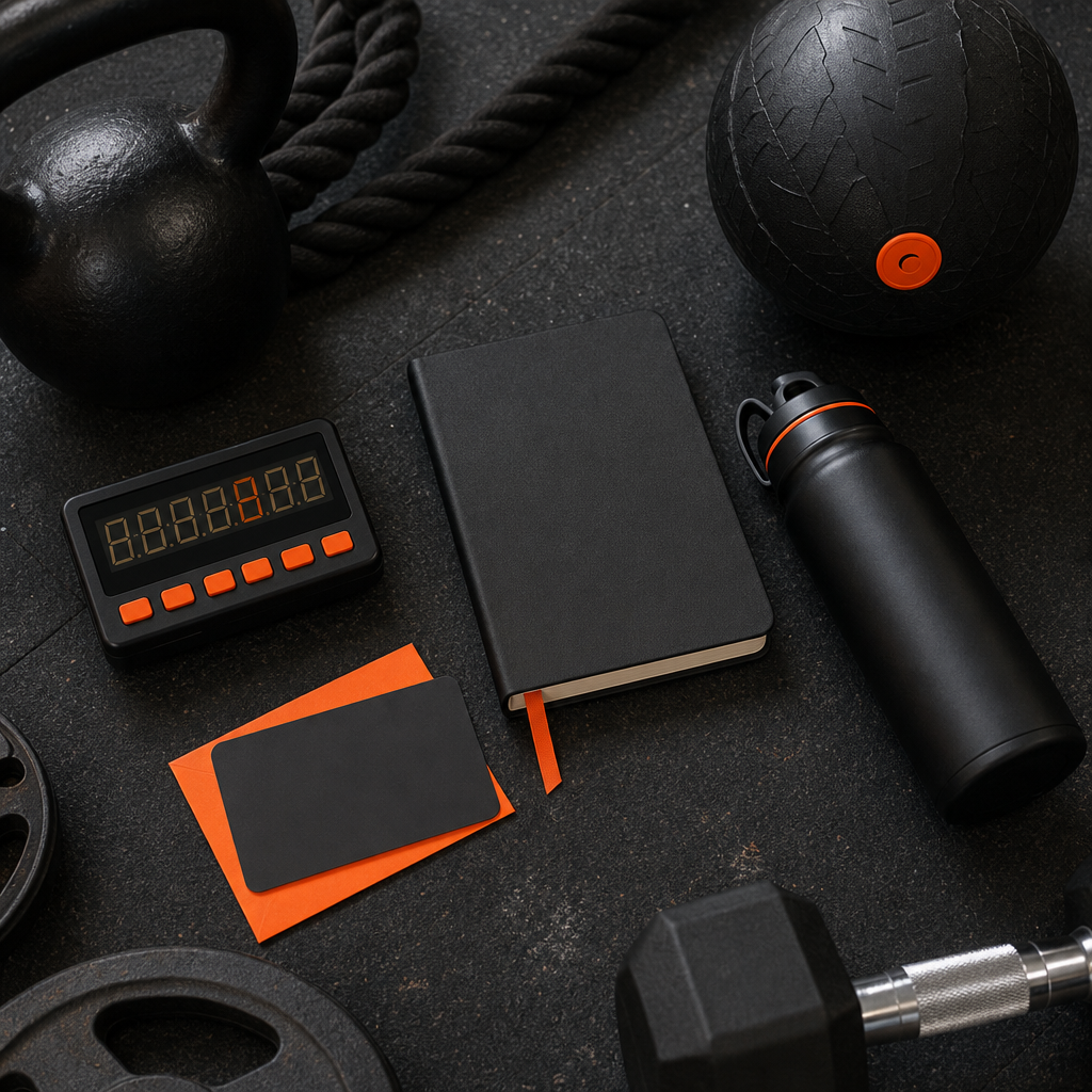 Interval timer, notebook, bottle and mobility ball arranged as trainer gifts