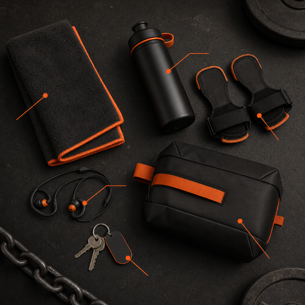 Essential gym accessories including towel, bottle and grips