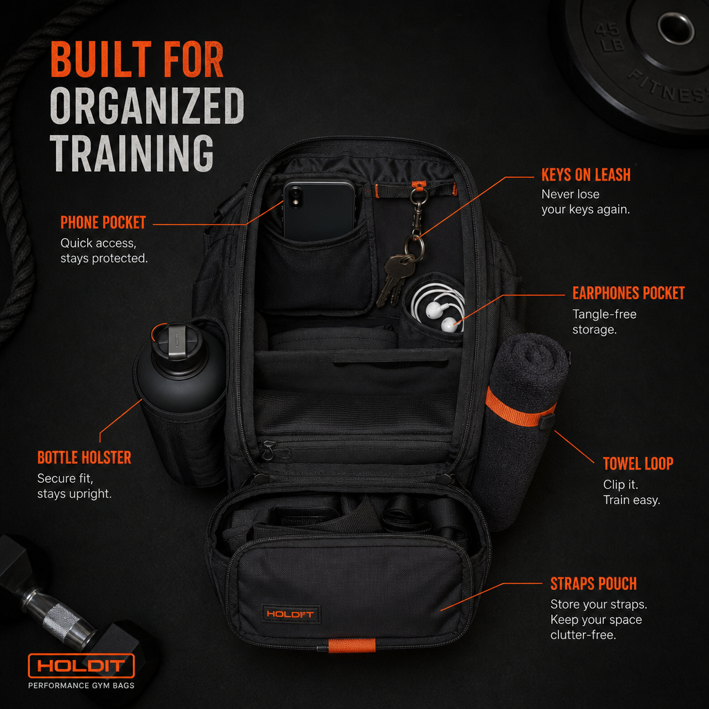 Diagram of a compact gym bag with labelled compartments.