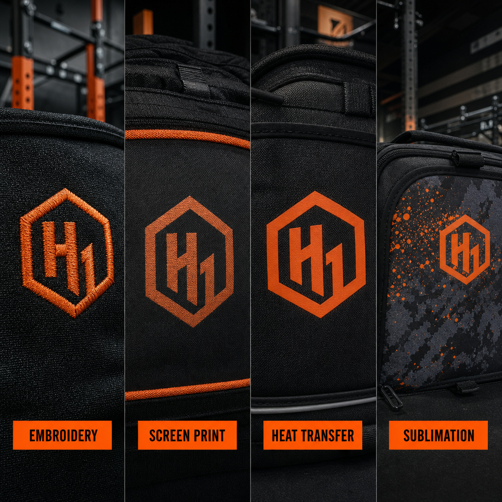 Comparison of embroidery, screen print, heat transfer, and sublimation on fabric.