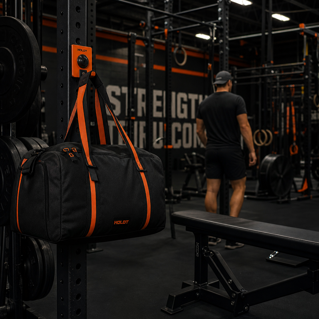Gym bag hanging from rack by magnet, bench area clear.