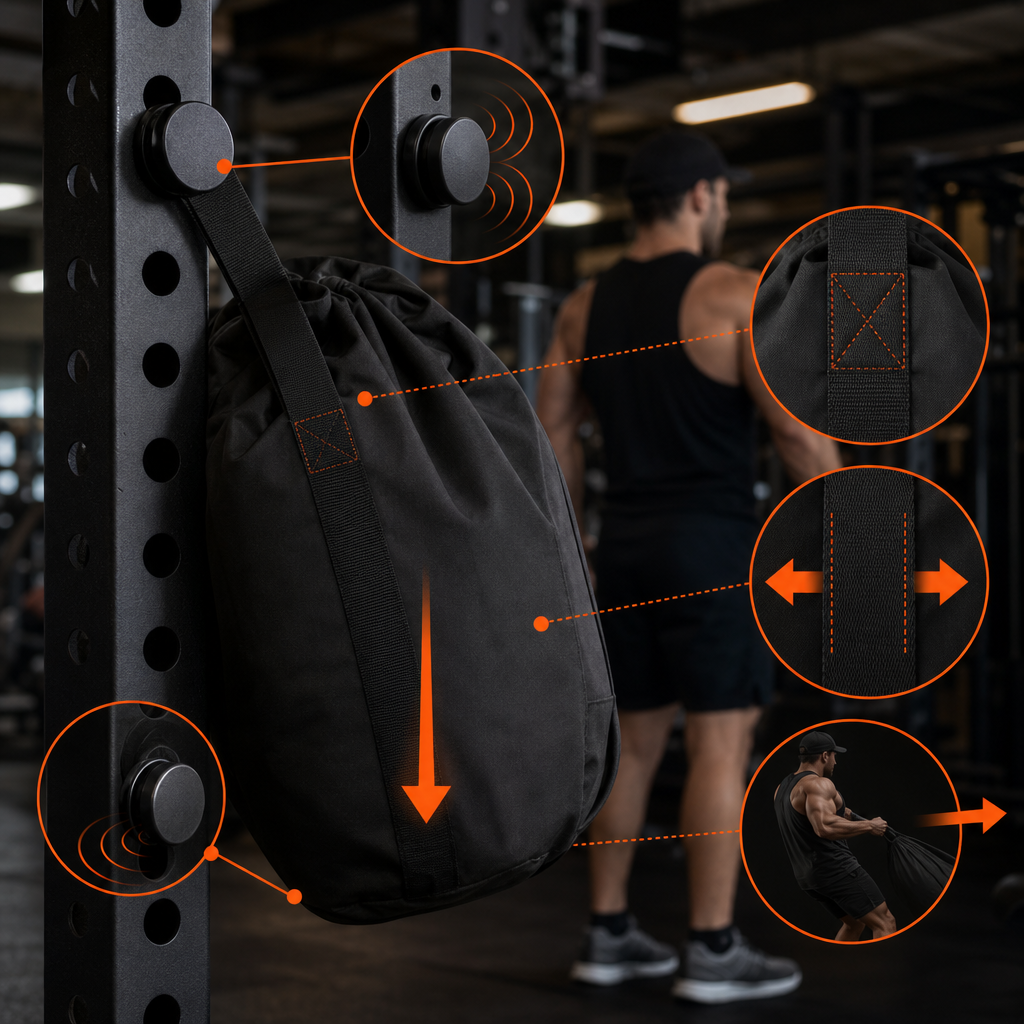 Magnetic gym bag attachment showing load and force directions