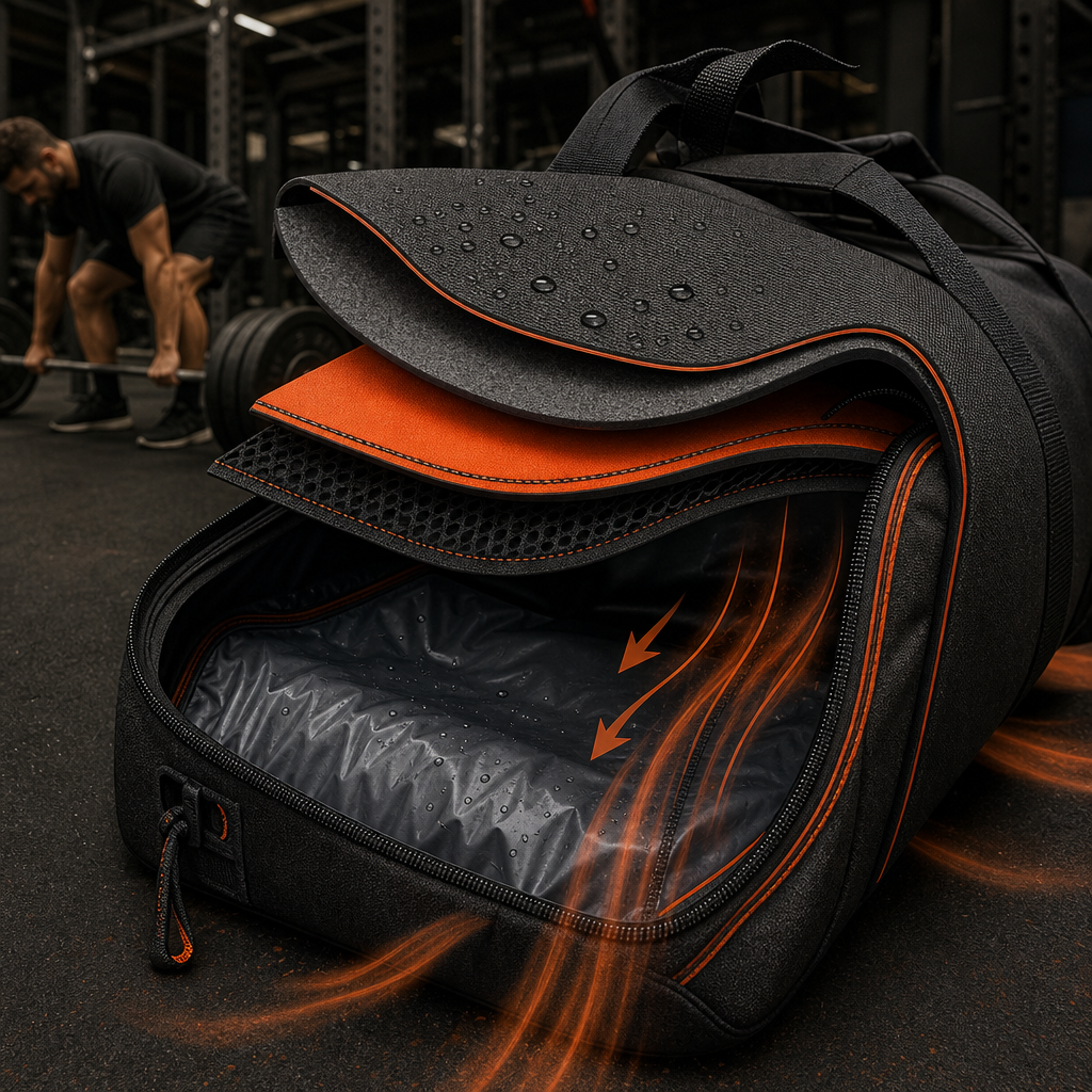 Gym bag cross-section showing water entry and moisture control