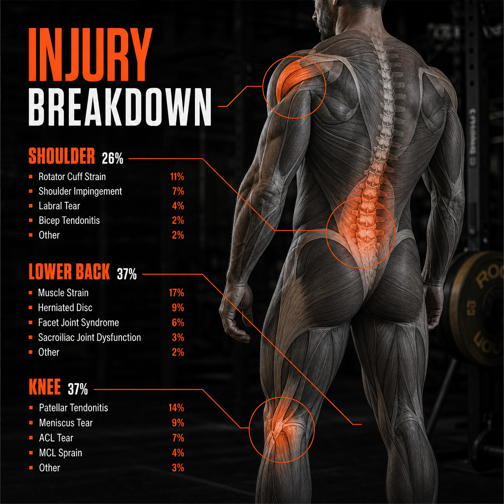 Diagram of human body showing weightlifting injury percentages