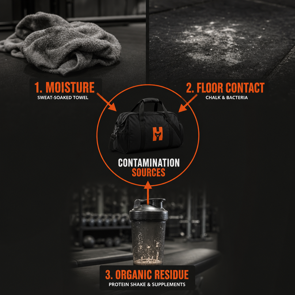 Diagram showing three main contamination sources for gym bags: sweat, floor contact, and protein residue