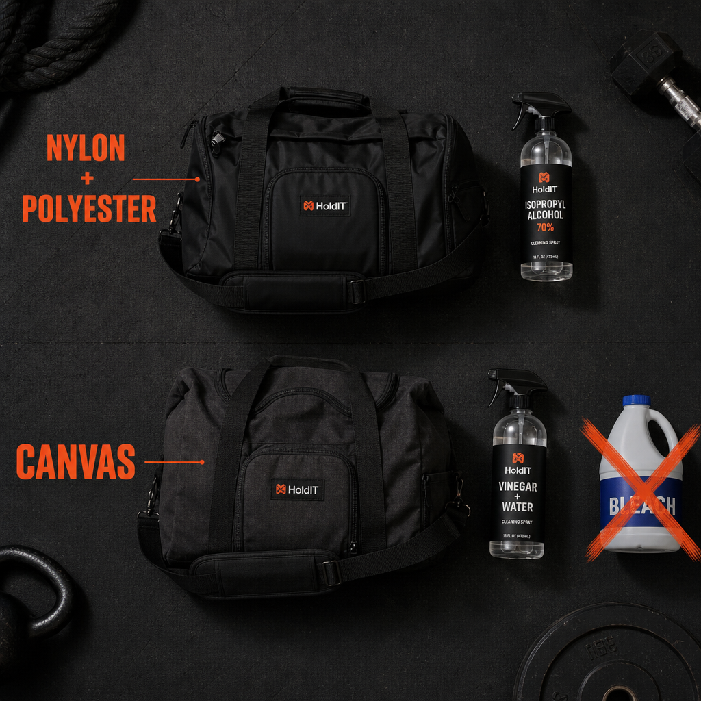 Comparison chart of disinfecting methods by gym bag material type showing approved sprays and a crossed-out bleach bottle