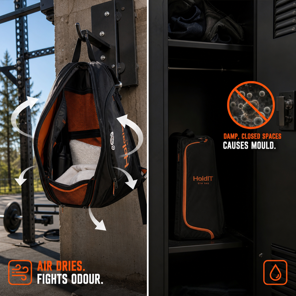 Split image showing correct open-air bag drying versus incorrect closed locker storage with mould risk indicator