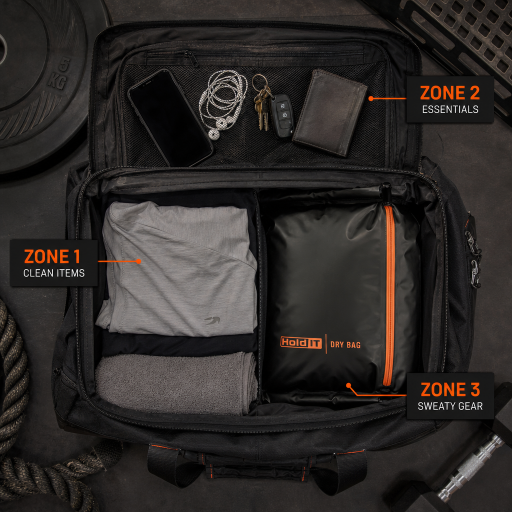 Overhead flat-lay of gym bag interior divided into three zones for clean gear, valuables, and post-session wet gear